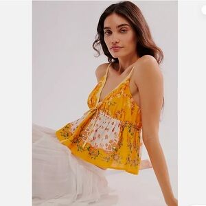 Free People Double Date Tank Printed Floral V Neck Babydoll Cami Straps Top